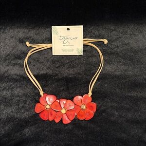 Tagua by Soraya Cedeno Red Floral Necklace with Adjustable Tan Cord (NWT)